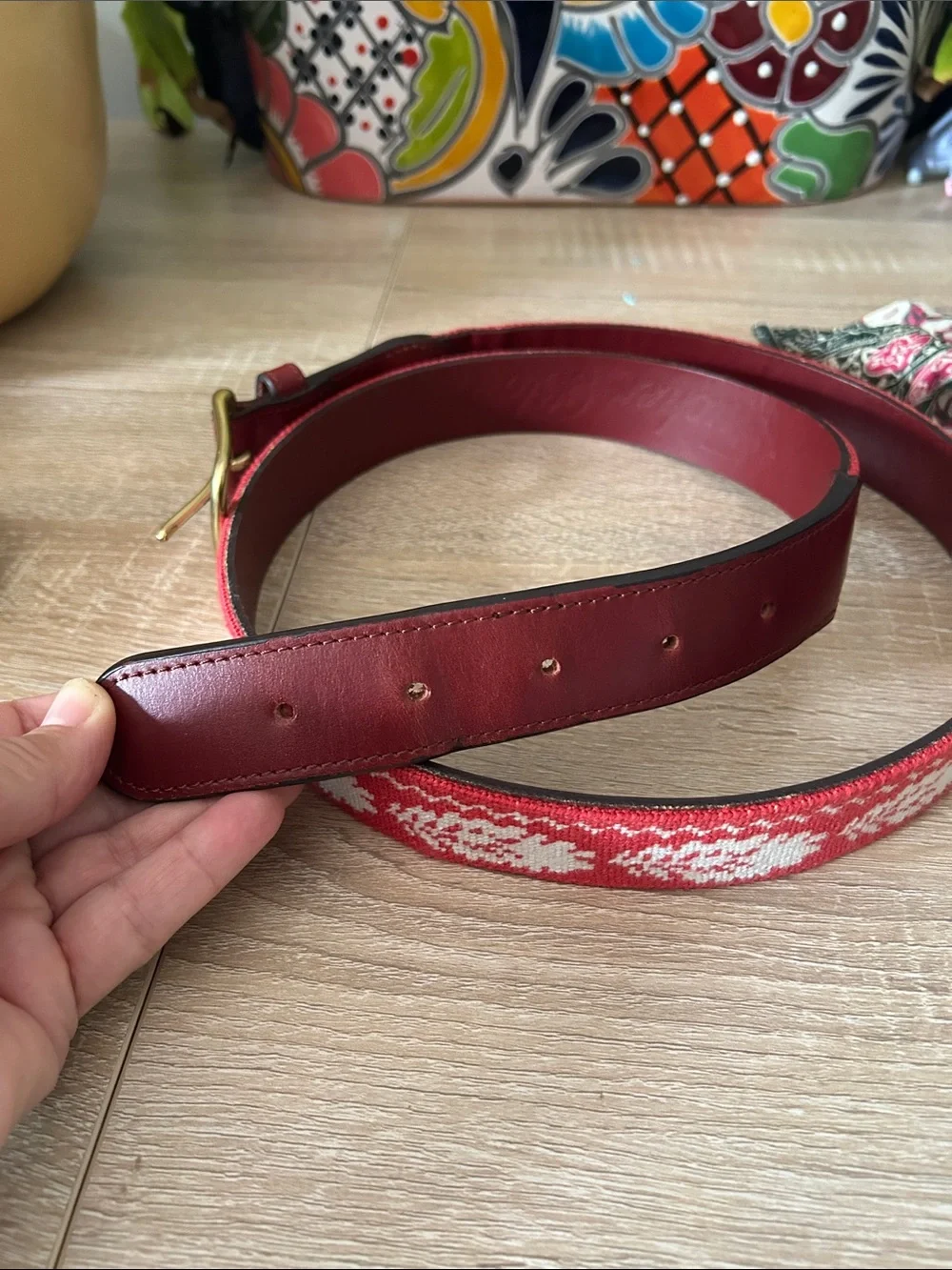 Tucker Blair Needlepoint Preppy Belt with Leather Trim and Brass Buckle - 40